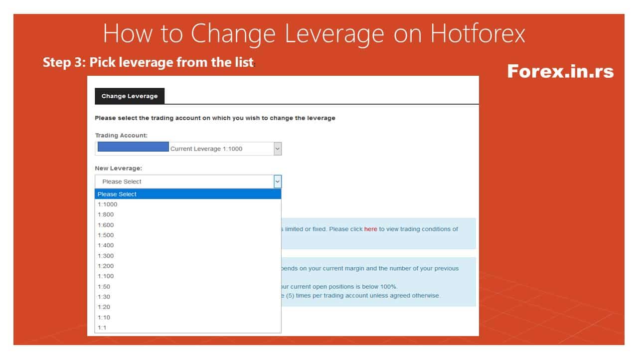 drop-down menu where trader can choose leverage level in hotforex account