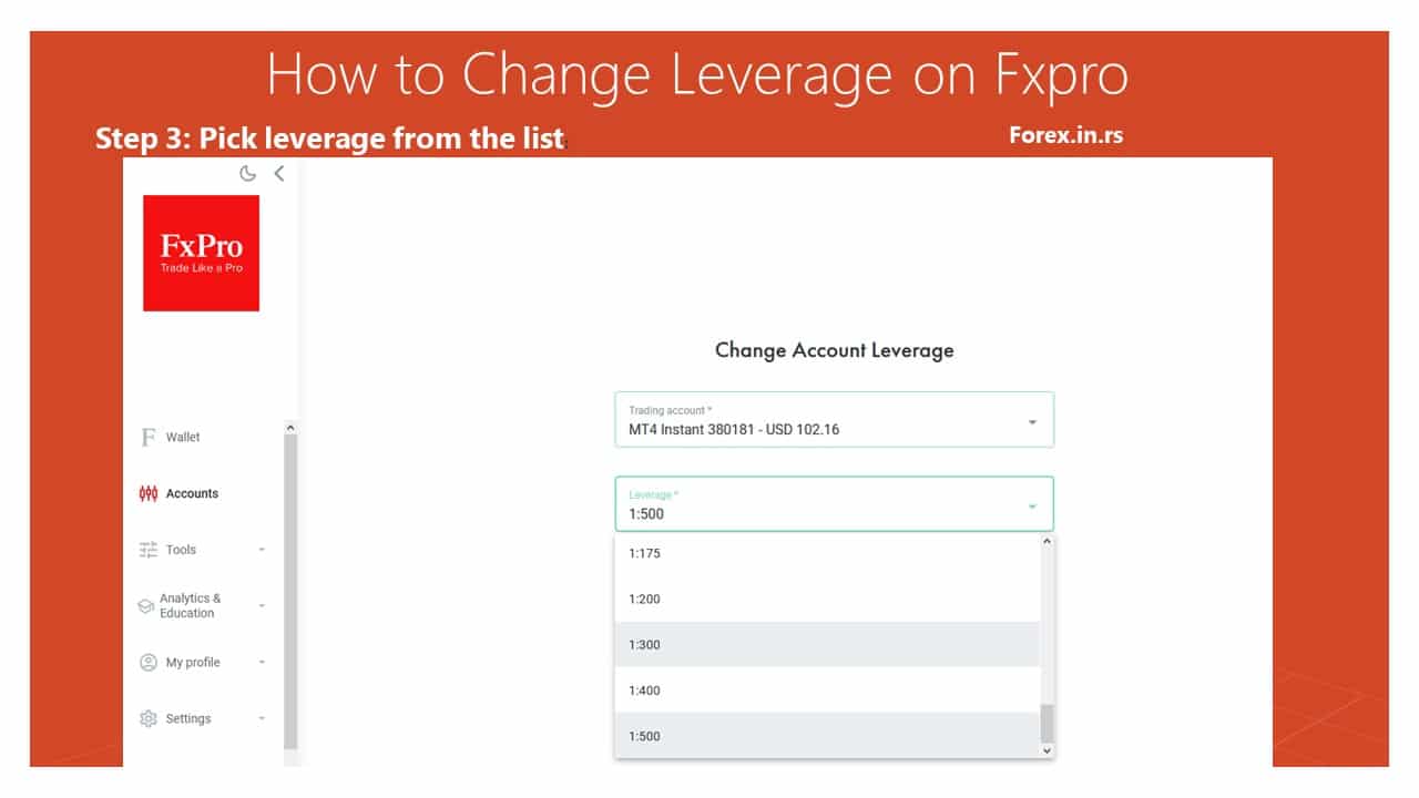 drop down list to change leverage