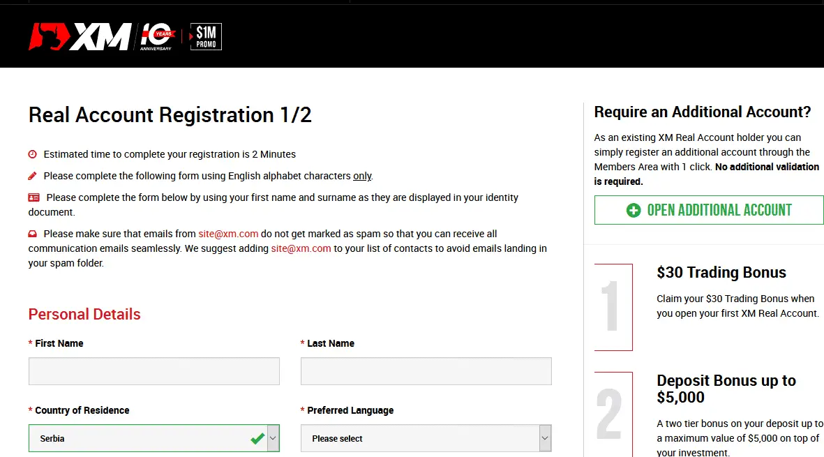 xm registration step 1
