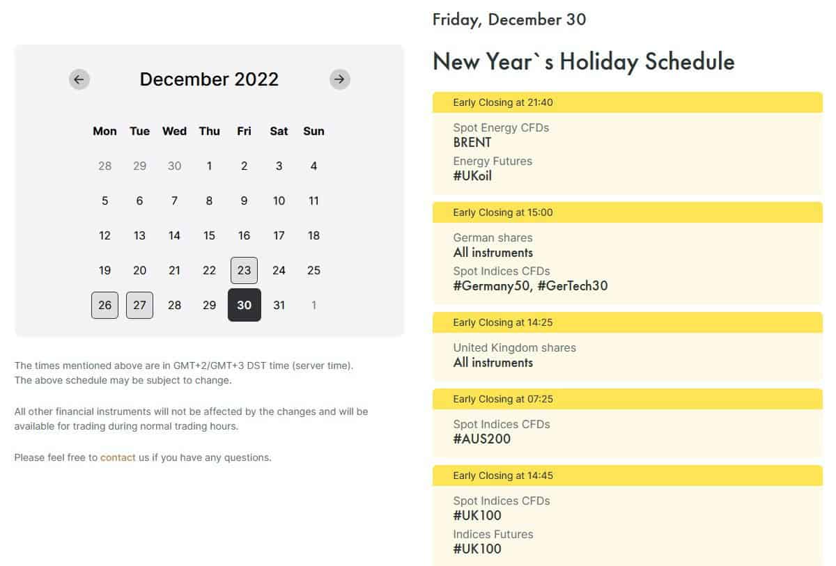 early closing on 30 december 2022