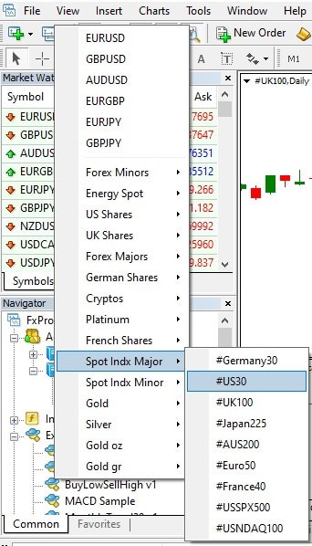 Open US30 symbol in MetaTrader - How to trade US30 on MT4