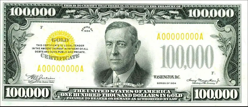  Woodrow Wilson dollar 100000 dollar bill