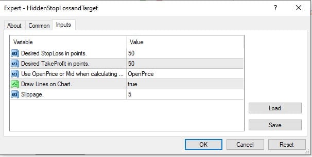 hidden stop loss and target features
