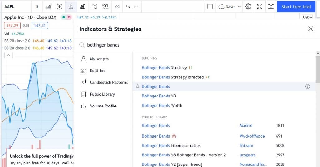 set boolinge rbands on tradingview