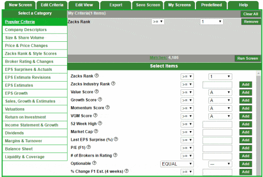 Zacks and Nasdaq Screener