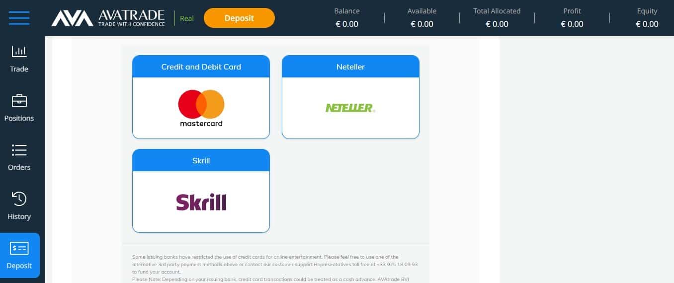 Avatrade deposit section