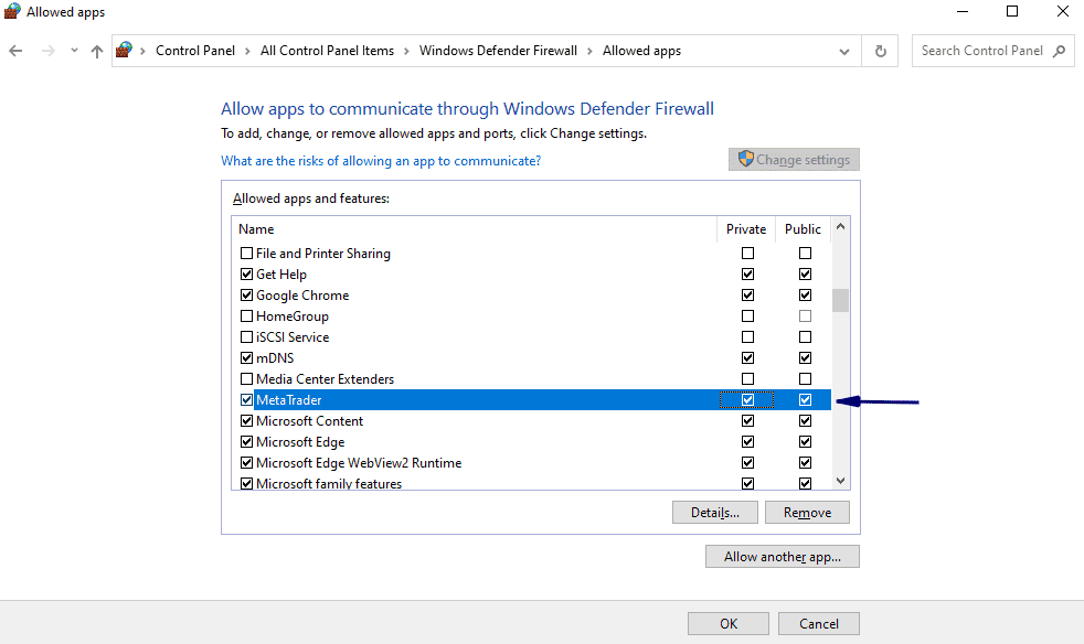 check Metatrader on allowed antivirus defender list