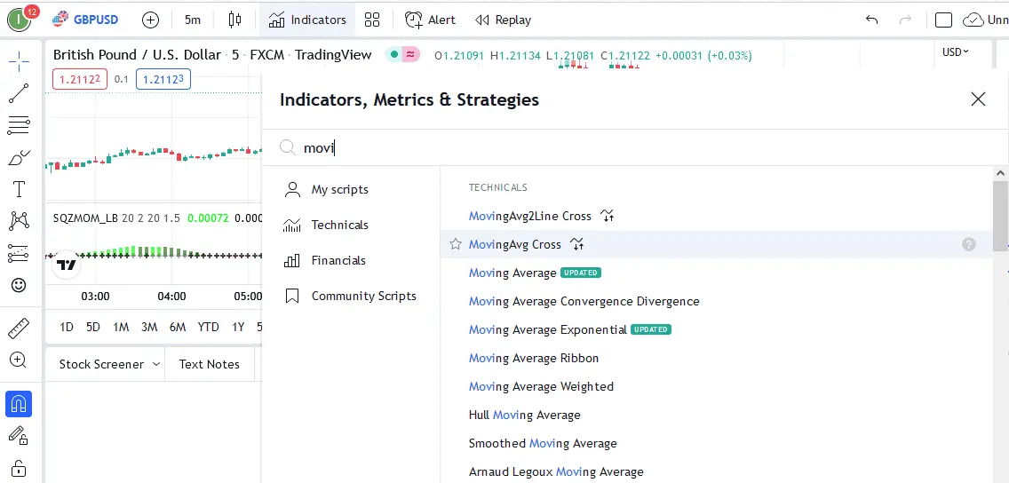 pick moving average cross strategy