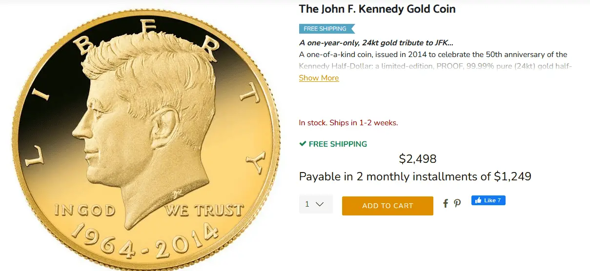 kennedy gold coin from 2014 price screenshot