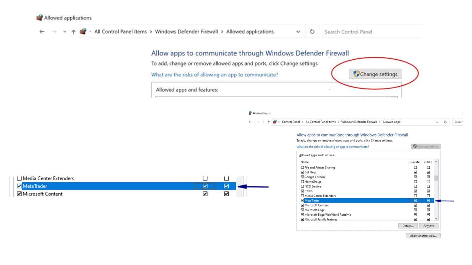 allow MT4 in windows defender firewall 