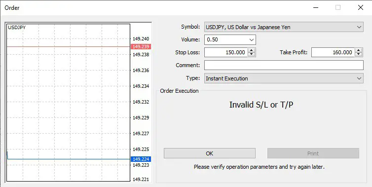 Invalid Stop Loss example in MT4