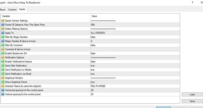 Move Stop Loss to Break-Even MT4 EA input