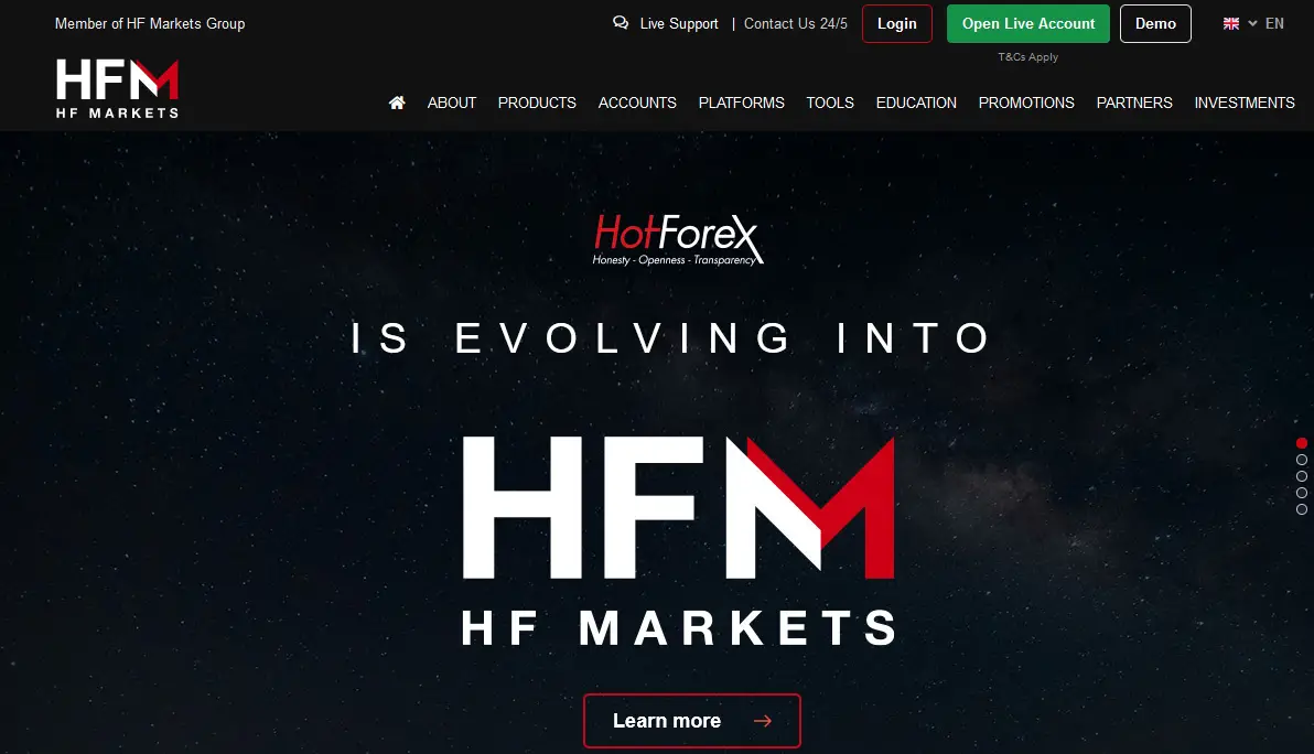 HF Markets homepage screenshot