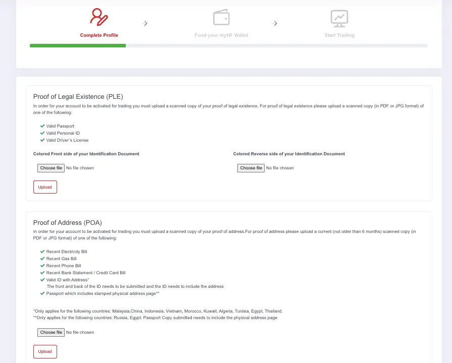 HF markets verification page screenshot