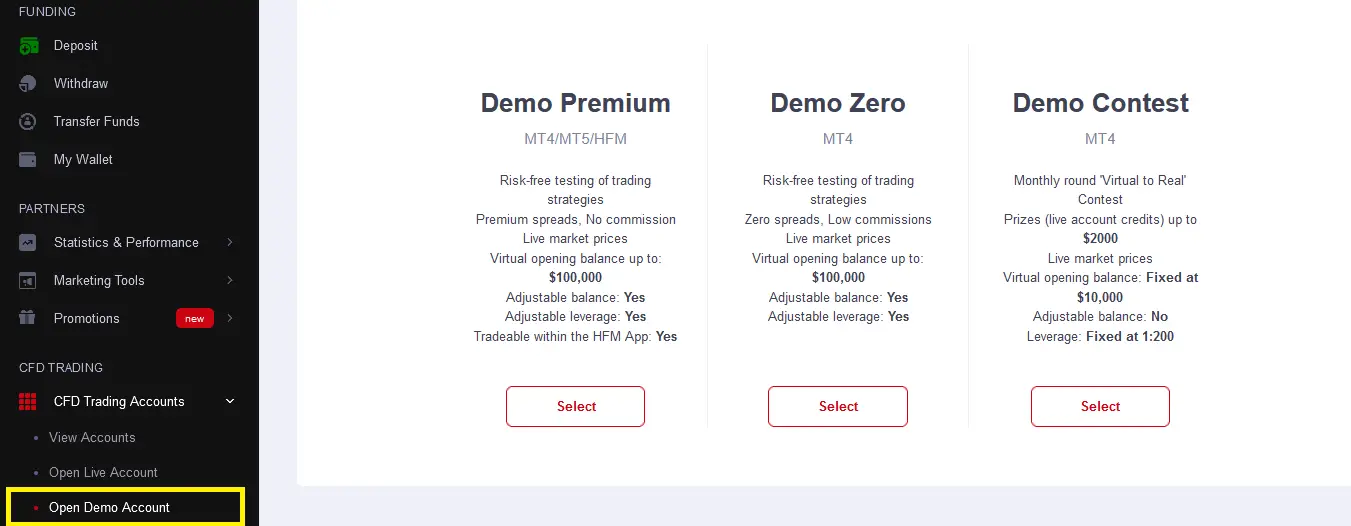 how to open a demo account in HF Markets brokerage website