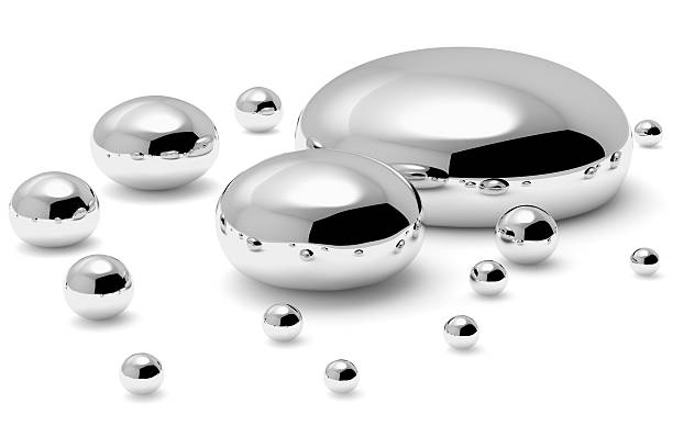 Shiny mercury metal drops and droplets isolated on white background, Hg