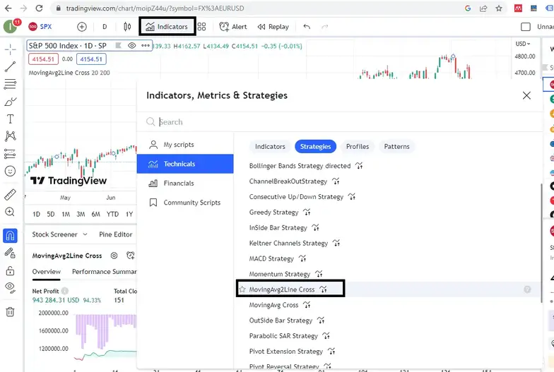 choose strategy script in TradingView for bactesting