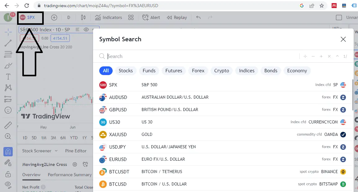 choose trading asset in TradingView