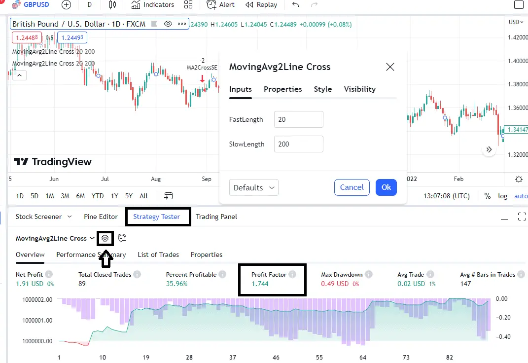 set inputs for backtesting in TradingView
