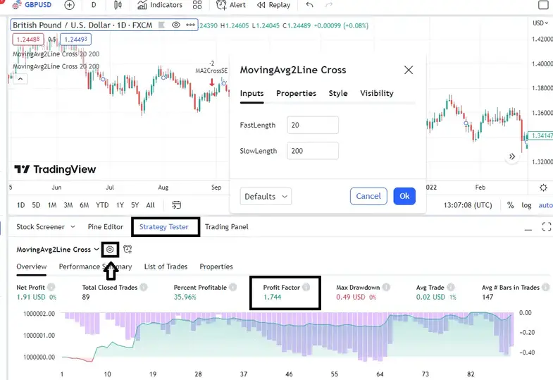 set inputs for backtesting in TradingView