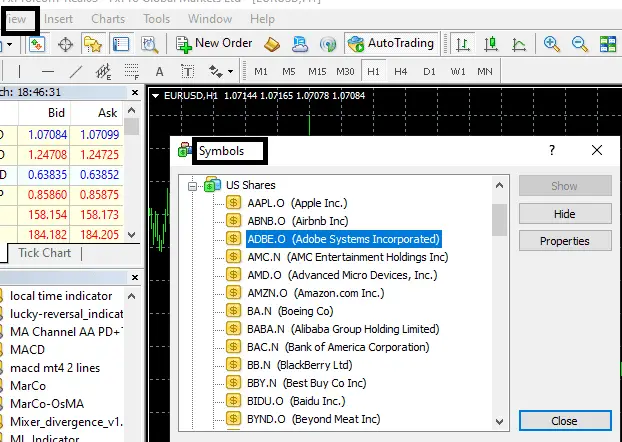 how to make visible stocks in mt4