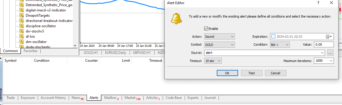 how to set price alert in mt4