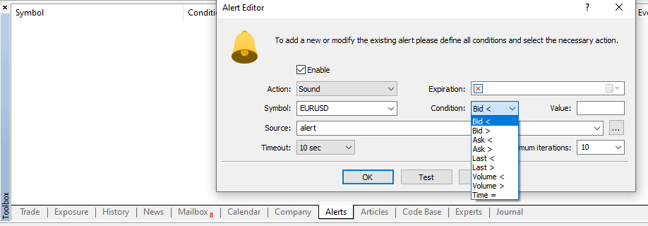 how to set price alert in mt5