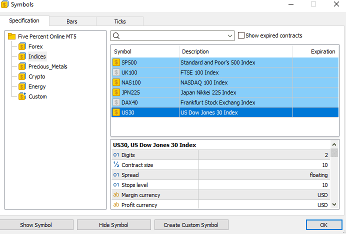 show symbols in mt5