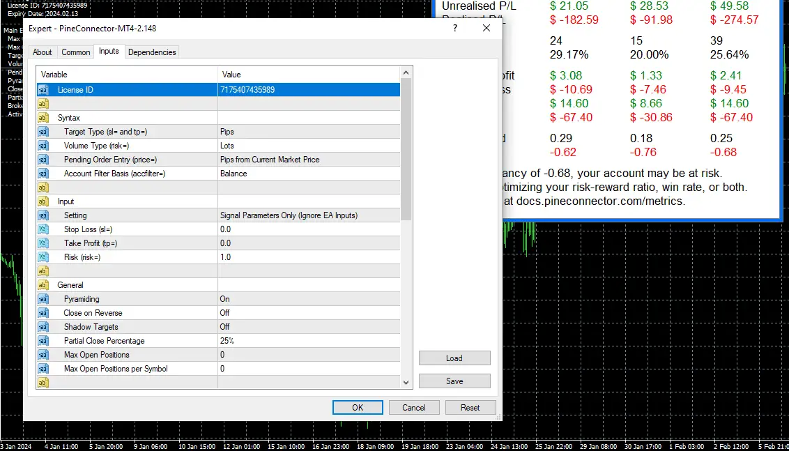 pineconnector licence metatrader settings