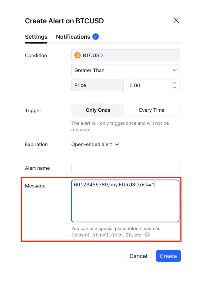 screenshot how to send alert using tradingview to MT4 or Mt5